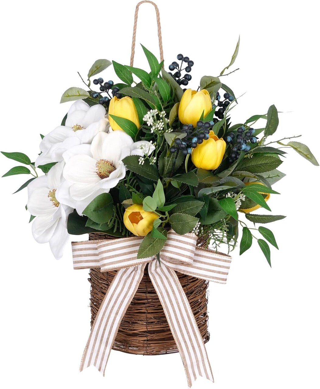 20" Spring Easter Floral Basket Wreath for Front Door – Artificial White Magnolia & Yellow Tulip Door Basket Decor, Farmhouse Wall & Door Hanging, Spring/Summer/Easter Wreath